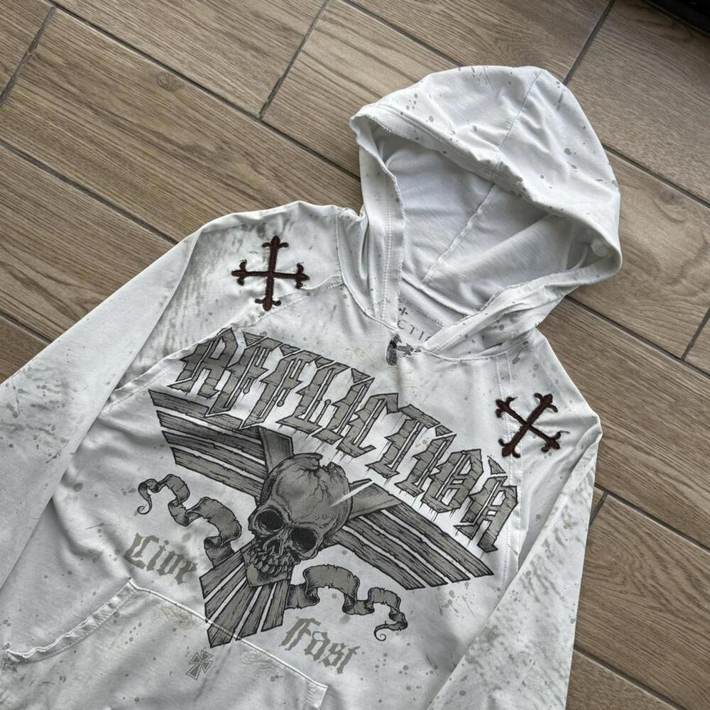 Y2K Affliction Distressed Skull Cross White Hoodie - Picture 8 of 8